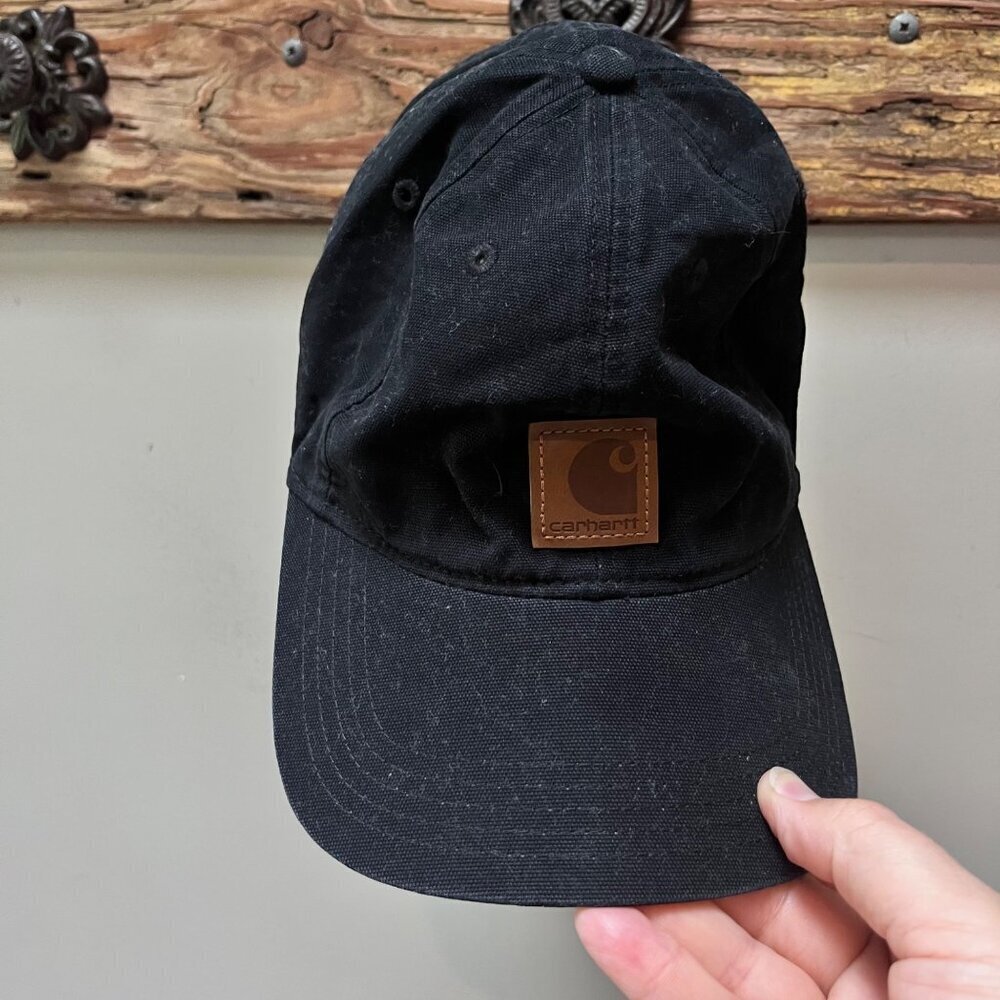 Carhartt Black Canvas Cap With Leather Patch‎ Adjustable Strap One Size Fits All